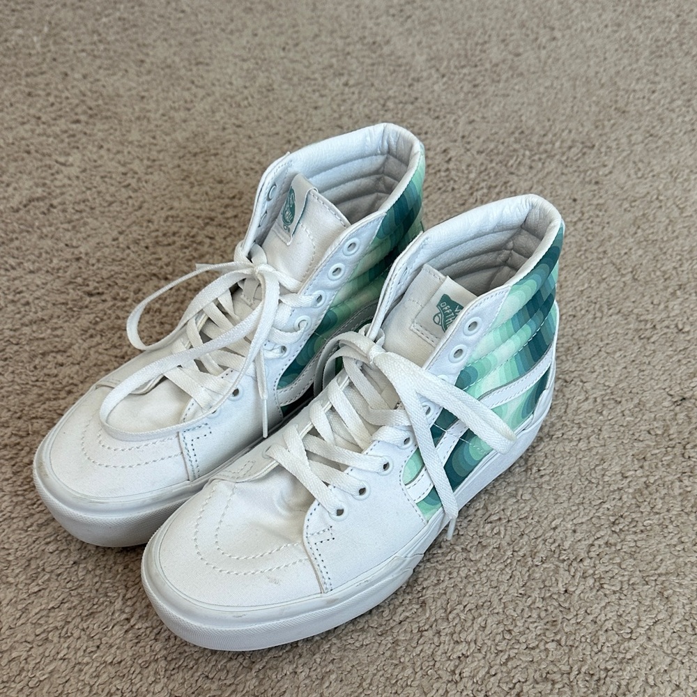 Vans White and Green High-Top Sneakers
